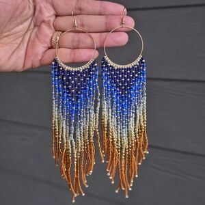 Rainbow Geo Long XL Boho Beaded Earrings Handmade Western Jewelry Tribal Boheme